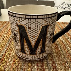 Anthropologie “M” Monogram Mug Black White Mosaic Initial Coffee Cup